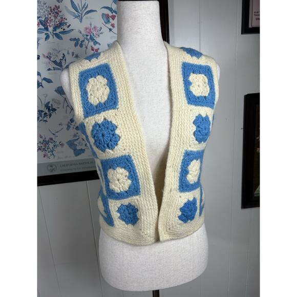 Vintage Jackets & Blazers - Vintage 70s Handknit Crochet Patchwork Boho Chic Festival Floral Vest XS